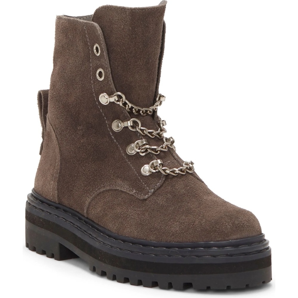 Vince Camuto Popinta Boots Suede Lace Up Chains Chunky Lug Sole Moto Grunge